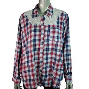 Cupids Diary‎ Top Plus Size 3X Plaid Lace Pocket Collared Long Sleeve Casual Red